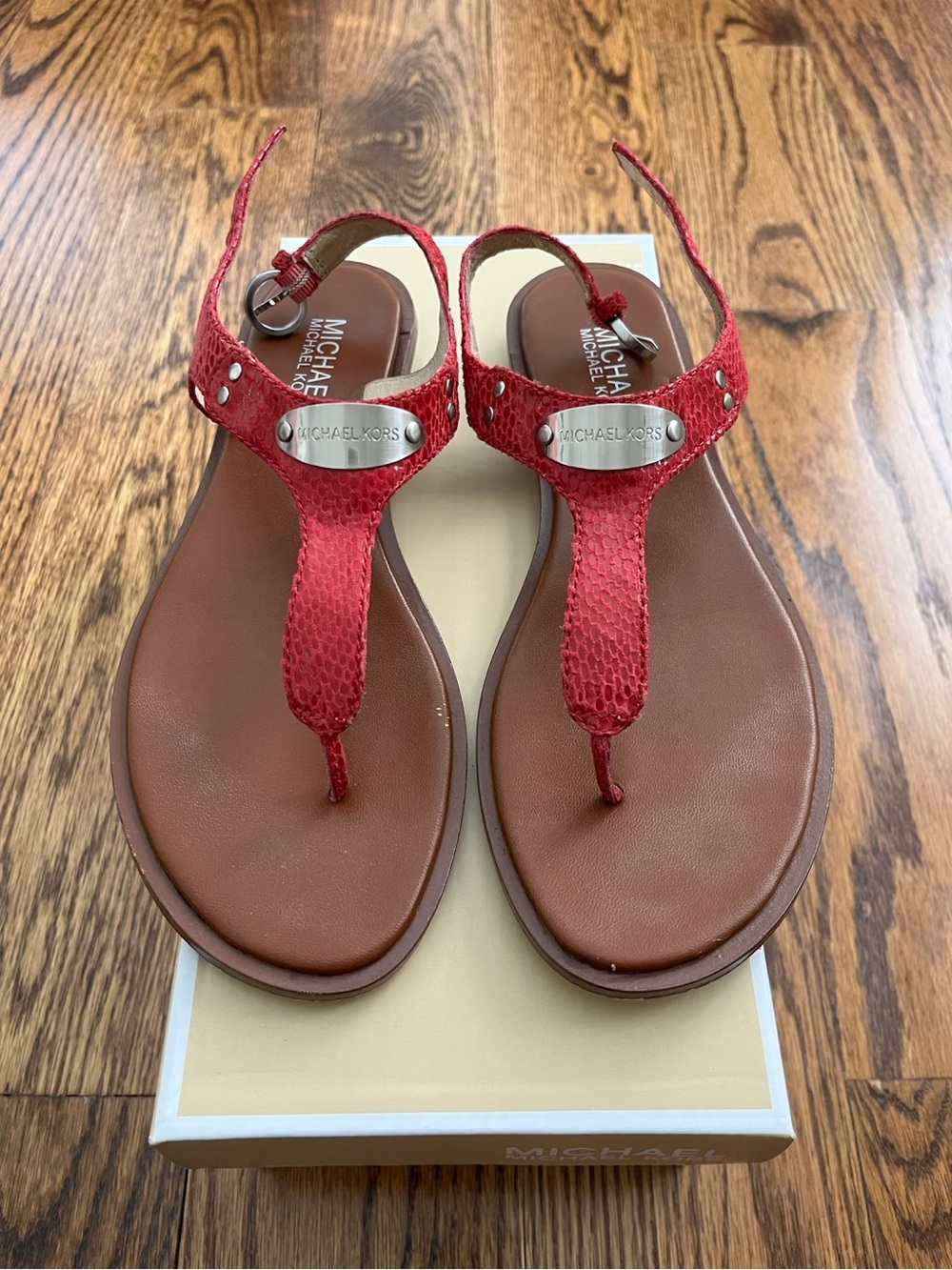 Michael Kors Red T-Strap Reptile-Texture Leather Sandals